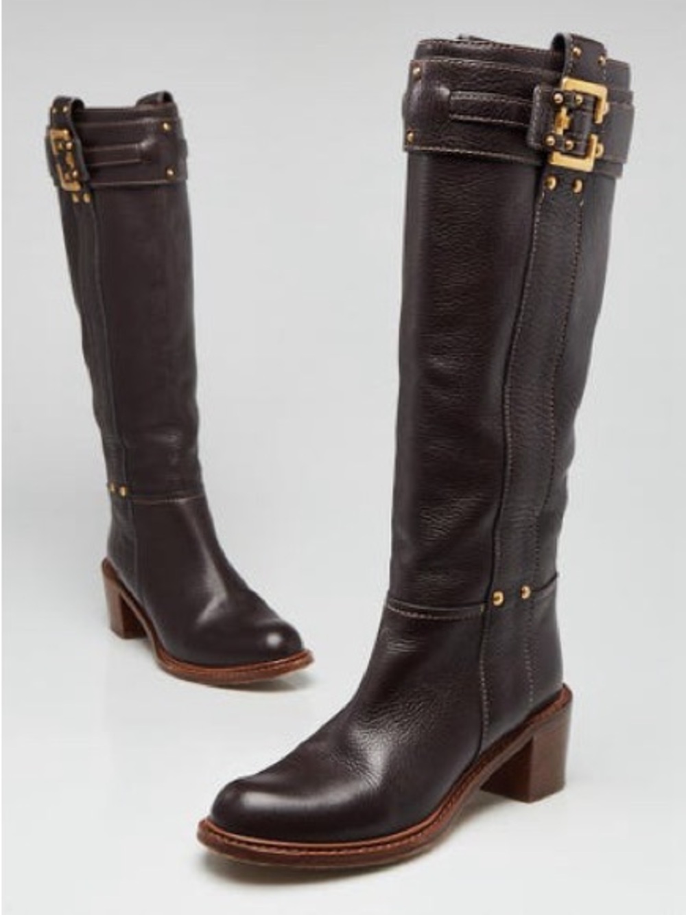 Women’s Chloe Paddington Elegant Brown Pebble Grain Leather Knee-High Boots 38.5